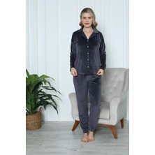 Pijamoni Kadın Yumuşak Kadife Önden Düğmeli Gömlek Yaka Füme Pijama Takımı