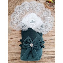 Venüs Shopping Yenidoğan Saray Kadife Taç Nakışlı Inci Fiyonklu Dantel Duvak Trilüks Kundak Bebek Battaniye Yeşil