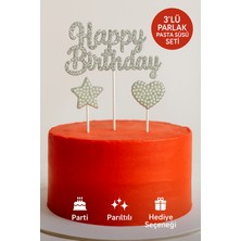Toyfest Happy Birthday Taşlı Pasta Süsü 3’lü Set – Gümüş Kalp ve Yıldızlı Işıltılı Doğum Günü Dekoru
