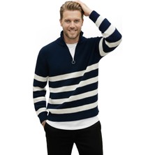 Deepsea Erkek Lacivert Yarım Fermuarlı Oversize Kesim Triko Kazak Pamuklu Yumuşak Örgü Çizgili Kazak 2608513