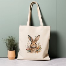 Ninastore %100 Pamuklu Tote Çanta, Çiçekli Sevimli Tavşan. Çevre Dostu, Estetik Alışveriş Çantası, Ömür Boyu Kullanabileceğiniz Çanta.
