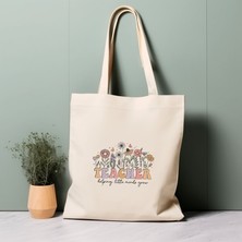 Ninastore Öğretmen Hediye Çantası, %100 Pamuklu Tote Çanta, Çiçekli Öğretmen, Çevre Dostu Estetik Alışveriş Çantası, Ömür Boyu Çanta