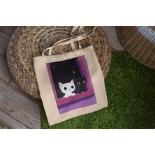 Ninastore Beyaz Kedi ve Siyah Kedi Tote Çantası - Sevimli Tote Çanta, Tote Çanta, Kitap Çantası, Estetik Tote Çanta, Estetik Tote Çanta, Alışveriş Çantası, Kedi Tote Çantası