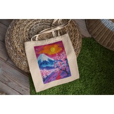 Ninastore Pembe Kiraz Çiçeği Fuji Dağı Tote Çantası - Şirin Tote Çantalar, Estetik Tote Çanta, Tote Çanta, Kanvas Çanta, Estetik Tote Çanta