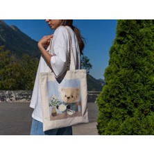 Ninastore Çay Saati Ayı Tote Çantası - Sevimli Tote Çantalar, Kütüphane Çantası, Sevimli Alışveriş Çantaları, Sevimli Kitap Çantaları