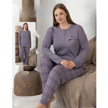 Lindros Kadın Pamuk'lu Düğme Yaka Raporlu Interlok Kışlık Battal Pijama Takımı 0267 - 1 Adet