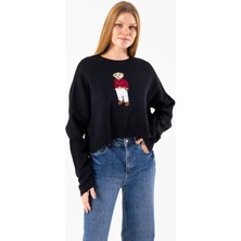 Giysa Kadın Bisiklet Yaka Kostümlü Ayıcık Nakışlı Triko Kazak Siyah - 2344 