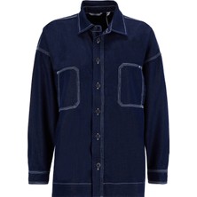Mustang Relaxed Gömlek Yaka Yıkamalı Lacivert Kadın Denim Gömlek M5WL-GML1407