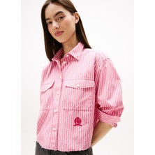 Tommy Jeans Standart Gömlek Yaka Çizgili Kırmızı Kadın Gömlek DW0DW21453XI5