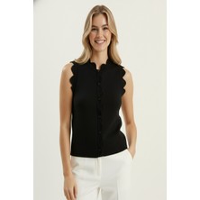 Sibel Günay Butik Kadın Dantel Örgü Düğmeli Triko Yelek | Siyah – Zarif & Şık Tasarım – Standart Beden