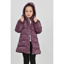 Fivente Kız Çocuk Mor Kışlık Kapüşonlu ve Fermuarlı Şişme Mont