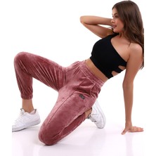 Win Moda Gül Yumoş Eşofman Altı Jogger Yüksek Bel Fransız Kadife