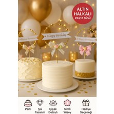 Toyfest Altın Halkalı Happy Birthday Pasta Süsü – Gümüş Simli & Çiçekli Fiyonklu Doğum Günü Dekoru