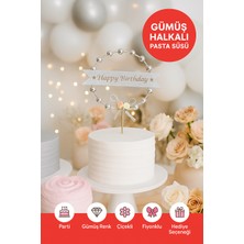 Toyfest Gümüş Halkalı Happy Birthday Pasta Süsü – Çiçekli Fiyonklu Parlak Doğum Günü Dekoru