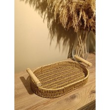 Paganca Hasır Rattan Bambu Kulplu Örme Tepsi Küçük Boy Oval