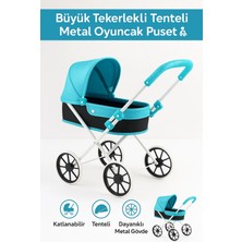 TE Dükkan Buğz Büyük Tekerlekli Tenteli Katlanabilir Metal Oyuncak Bebek Puseti Premium Lüx Mavi