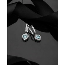 Roza Silver 925 Ayar Akuamarin Taşlı Rodyum Pırlanta Işıltılı Sallantılı Kalp Gümüş Küpe