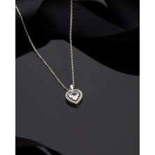 Roza Silver 925 Ayar Zirkon Taşlı Rodyum Pırlanta Görünümlü Kalp Gümüş Kolye