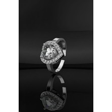 Roza Silver 925 Ayar Zirkon Taşlı Rodyum Pırlanta Işıltılı Kalp Ayarlanabilir Gümüş Yüzük