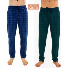Düven Erkek Pamuklu Ekose Yeşil & Indigo 2'li Tek Alt Pijama - Mevsimlik Bay Unisex Pijama Altı