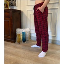 Düven Bordo Kare Desenli Ekose Baskılı %100 Pamuklu Cepli Beli Bağcıklı Pijama&eşofman Altı (Ultra Kalite)