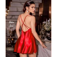 Intive Lingerie Intive Kırmızı Göğsü ve Yakası Dantel Detaylı Sırt Dekolteli Çapraz Askılı Saten Gecelik