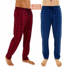 Düven Erkek Pamuklu Ekose Bordo & Indigo 2'li Tek Alt Pijama - Mevsimlik Bay Unisex Pijama Altı
