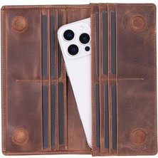 TE Dükkan Buğz Aura Hakiki Deri, El Yapımı, Telefon Bölmeli, Kadın Cüzdanı, Antik Kahve