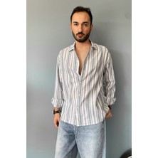 Alışveriş Sokağı Uzun Kollu Keten Görünümlü Çizgili Gömlek
