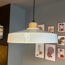 Bamyum Açe Beyaz Tekli Geniş Ahşap Başlık Avize Retro Sarkıt Ofis Showroom Salon Mutfak Avizeleri