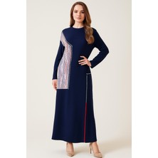 PUREVA 2754 Sıfır Yaka Önü Boncuk Detaylı Etek Ucu Fermuarlı Iki Iplik Tam Boy Elbise #09-25#