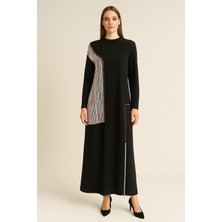 PUREVA 2754 Sıfır Yaka Önü Boncuk Detaylı Etek Ucu Fermuarlı Iki Iplik Tam Boy Elbise #09-25#