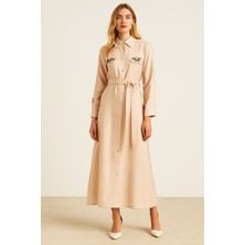 PUREVA 4023 Gömlek Yaka Önü Cep Görünümlü Beli Bağlamalı Cepleri Taş Detaylı Pardesü #09-25#