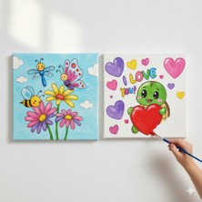 Dudu Gift Okul Etkinliği-2'li Tuval Boyama Seti. 20X20 cm Uv Baskı 6 Akrilik Boya 1 FIRÇA-MODEL-385