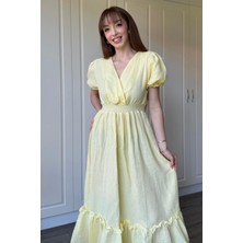 Dilay Gökoğlu Butik Sarı Müslin Kumaş Kısa Kol Elbise