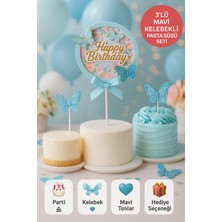 Toyfest Mavi Kelebekli Happy Birthday Pasta Süsü – 3’lü Simli Fiyonklu Zarif Doğum Günü Seti