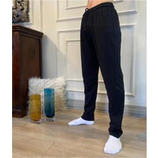 Düven Erkek Siyah Düz Paça Penye %100 Pamuklu Standart Fit Pijama Altı Normal Kesim Beli Lastikli Cepli