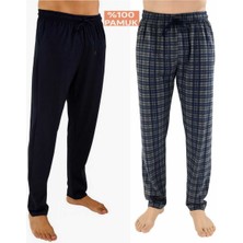 Düven Erkek Pamuklu Antrasit Ekose & Lacivert 2'li Tek Alt Pijama - Mevsimlik Pijama Altı