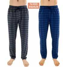 Düven Erkek Pamuklu Ekose Indigo & Antrasit 2'li Tek Alt Pijama - Mevsimlik Bay Unisex Pijama Altı