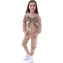 Kyex Kız Çocuk Leopar Desen Pamuklu Alt Üst Kahverengi Eşofman Takımı