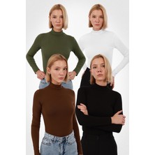 Yade Fashion Kadın Uzun Kollu Balıkçı Yaka Body 4’lü Set – Siyah Beyaz Kahverengi Haki