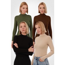 Yade Fashion Kadın Uzun Kollu Balıkçı Yaka Body 4’lü Set – Siyah Ekru Haki Kahverengi