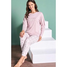 Pijadore Kadın Gül Kurusu Renk Uzun Kollu Bisiklet Yaka Lastikli Paça Pijama Takımı C5T8N91