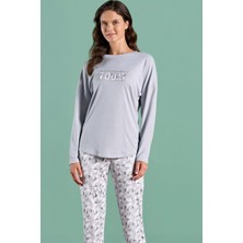 Pijadore Kadın Gri Renk Uzun Kollu Bisiklet Yaka Lastikli Paça Pijama Takımı C5T8N91