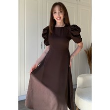 Dilay Gökoğlu Butik Balon Kol Midi Kahverengi Midi Elbise