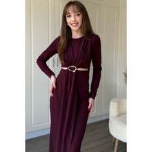 Dilay Gökoğlu Butik Bel Detaylı Uzun Kollu Midi Bordo Elbise
