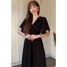 Dilay Gökoğlu Butik Kruvaze Yaka Kolları Volanlı Midi Kahverengi Elbise