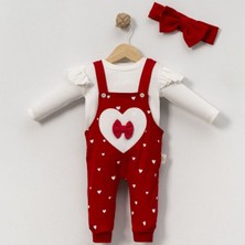 by BebekOdam Kız Bebek Kırmızı Kalpli Fiyonklu Bandanalı Salopet Takım - 1016168