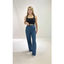 Ressho Yüksek Bel Cepli Poliviskon Palazzo Pantolon – Şık Düğme ve Apolet Detaylı Kadın Pantolon