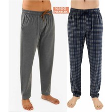 Düven Erkek Pamuklu Antrasit Ekose & Antrasit 2'li Tek Alt Pijama - Mevsimlik Pijama Altı